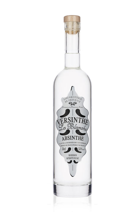 Versinthe La Blanche weißer Absinth Flasche mit Holzverschluss und silbernem Etikett