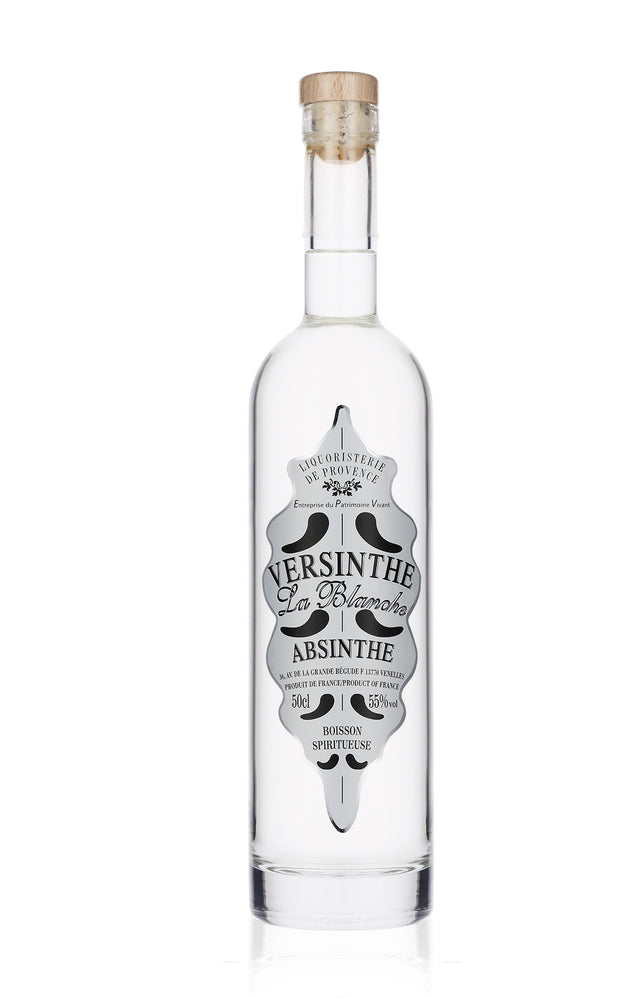 Versinthe La Blanche weißer Absinth Flasche mit Holzverschluss und silbernem Etikett