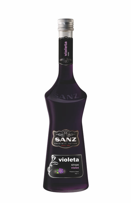 Flasche Sanz Violet-Sirup mit dunkelvioletter Farbe und violetter Blütenabbildung auf dem Etikett.