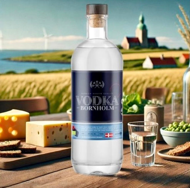 Vodka Bornholm auf einem Tisch mit dänischen Lebensmitteln, vor einer malerischen Landschaft mit Feldern und einem Leuchtturm im Hintergrund.