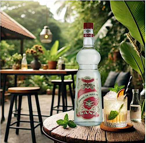 Flasche Sanz Weißer Rohrzucker Sirup (1 l) mit Cocktailglas auf Holztisch im tropischen Gartenambiente.