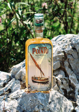 Flasche Pastis Le Pointu auf Naturstein mit unscharfem, grünem Hintergrund, Etikett zeigt Segelboot.